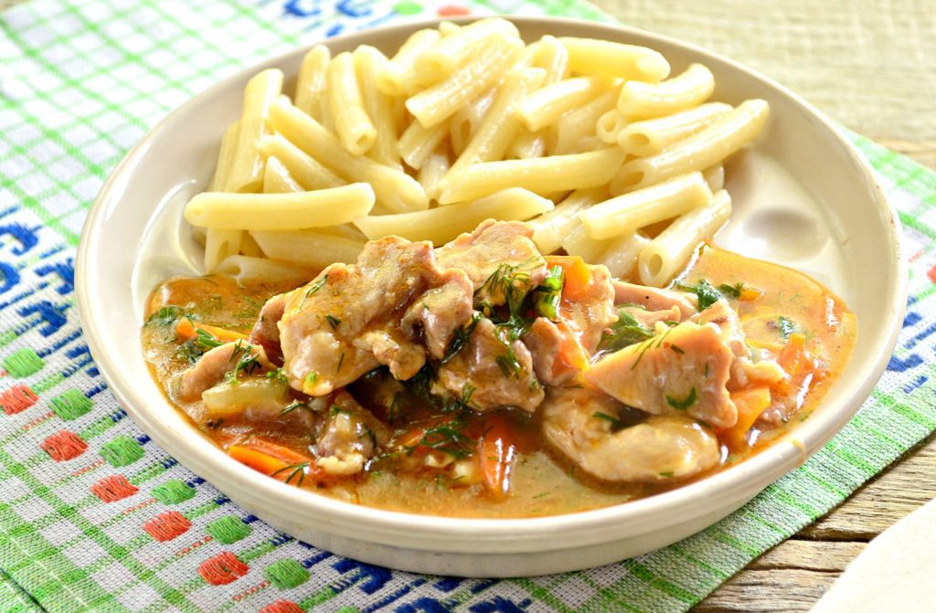 Мясо с овощами на сковороде