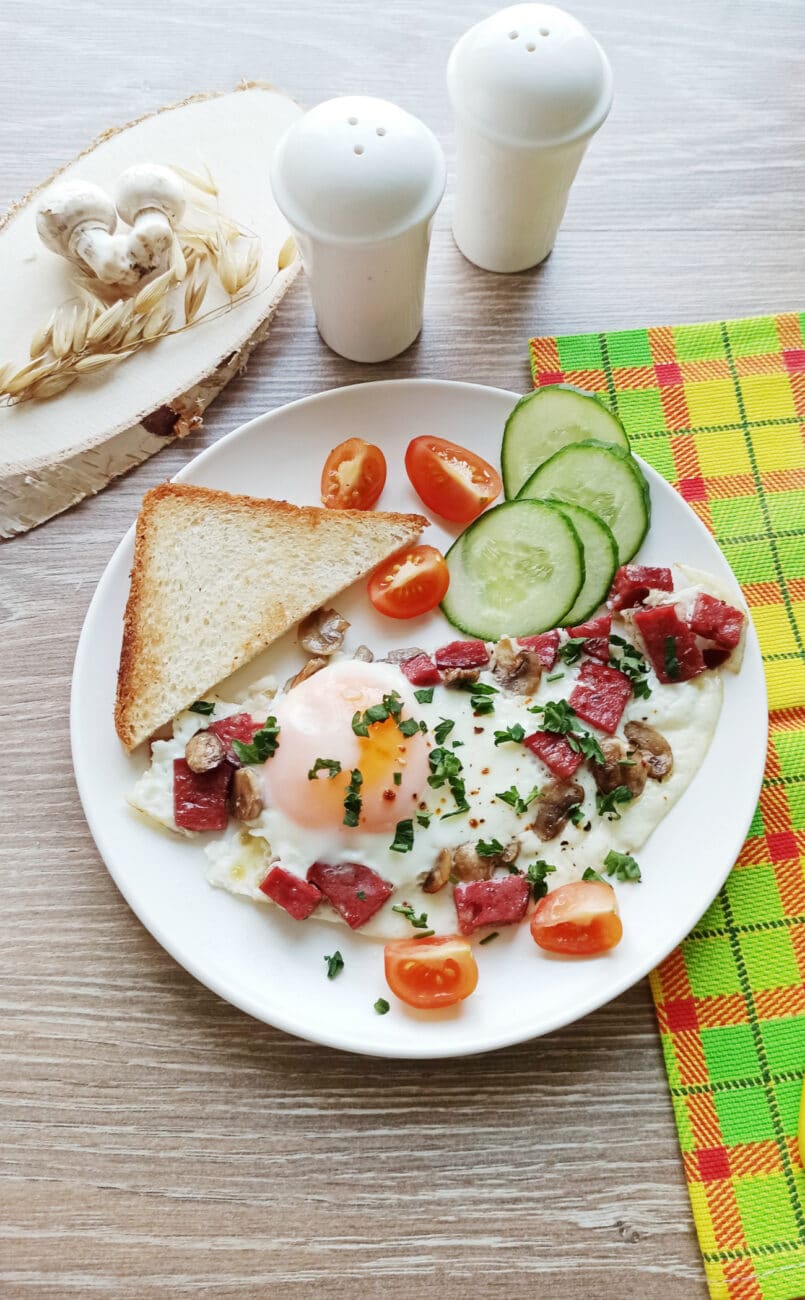 Яичница с шампиньонами и колбасой
