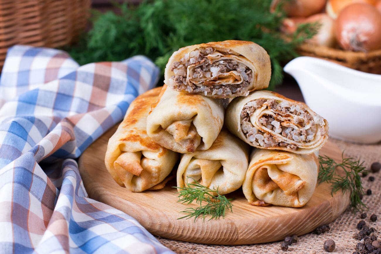 Блины с фаршем и рисом